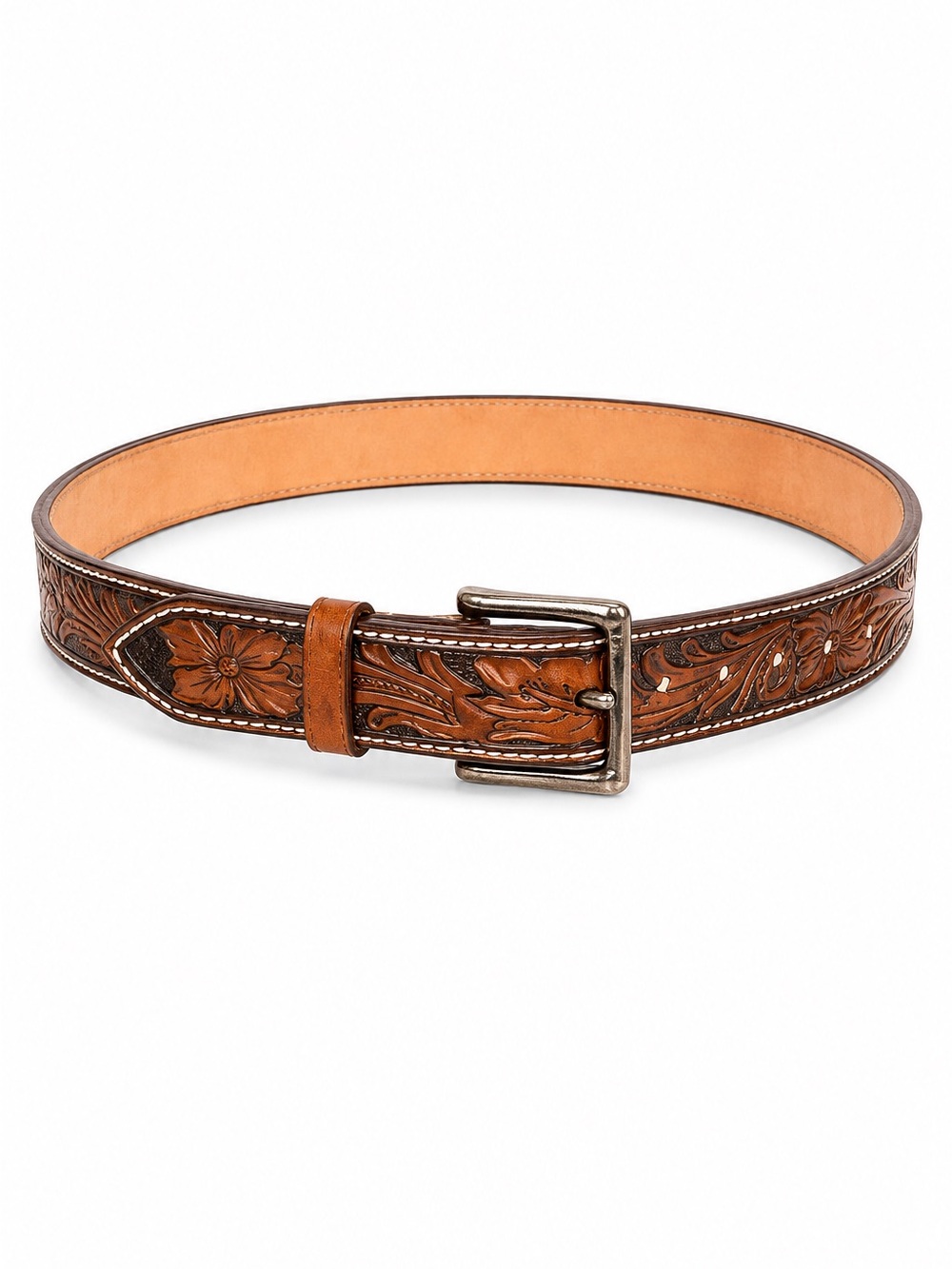 Tooled Leather Floral Belt - Dark brown Tan handmade